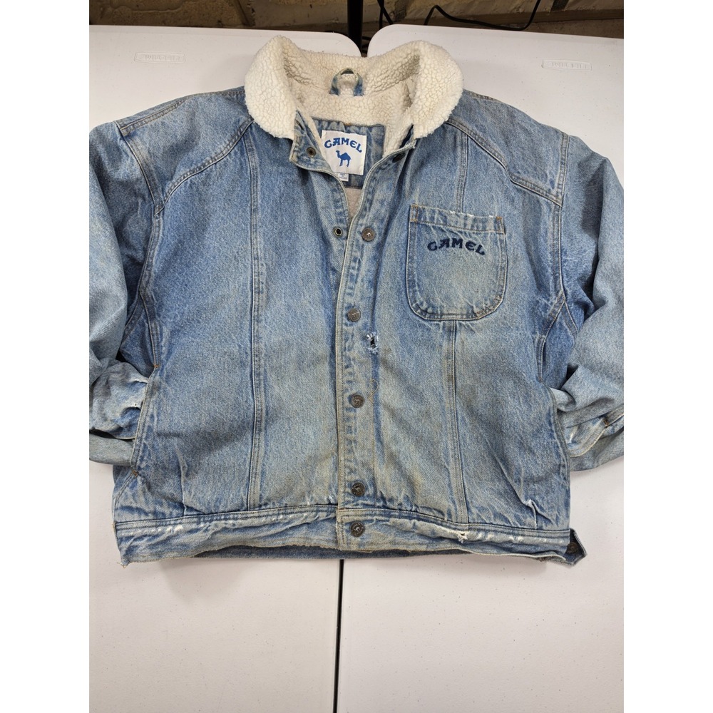 Vintage Camel Cigarette Trucker Denim Sherpa Jacket Lined XL Distressed